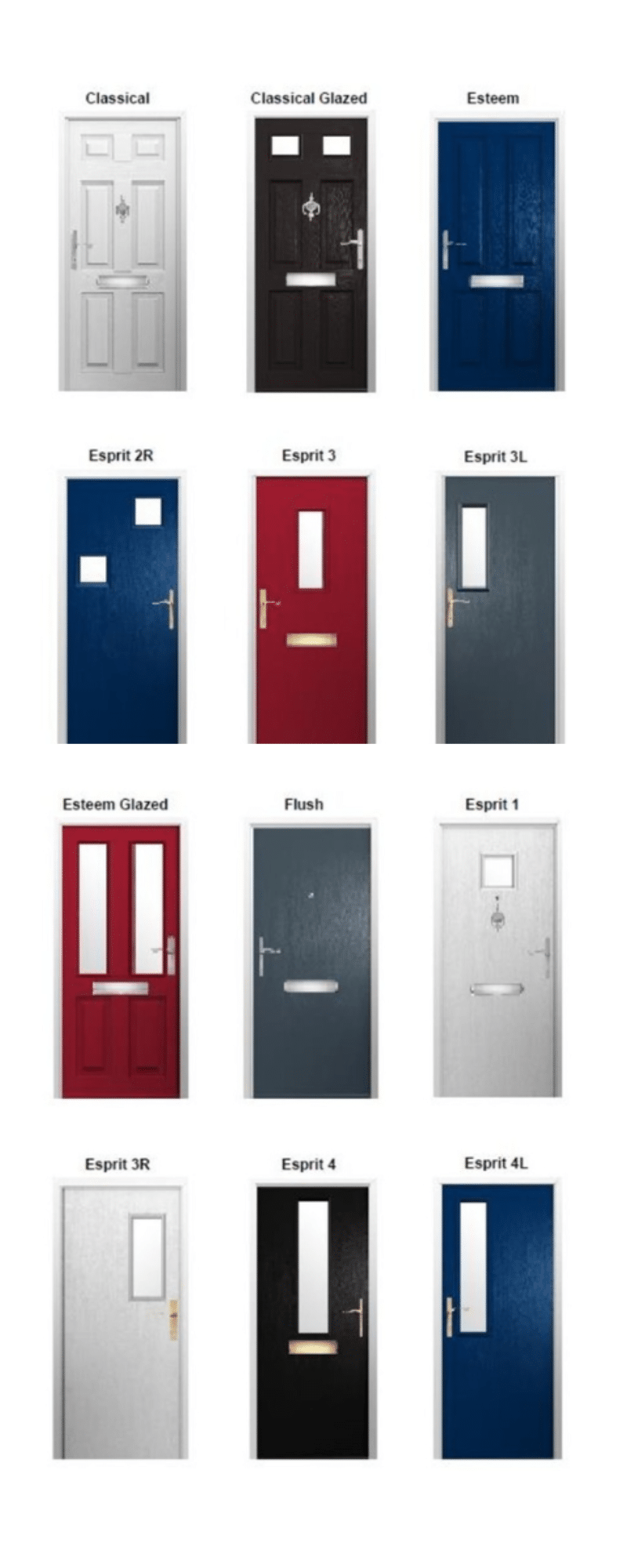 range of fire doors and frames in white, red, blue and black